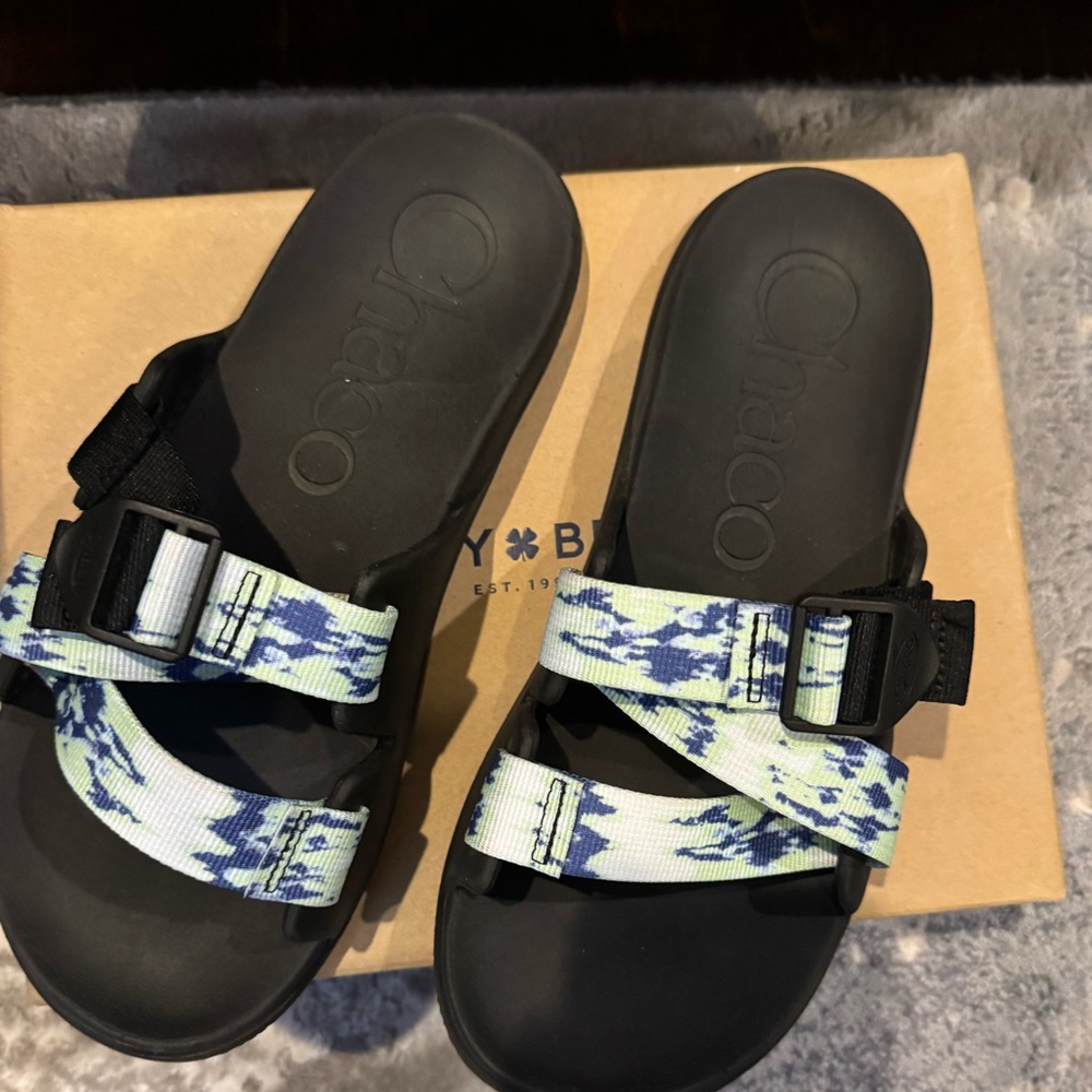 Chaco Women’s Black Slide Sandals with Blue & Cream Patterned Straps